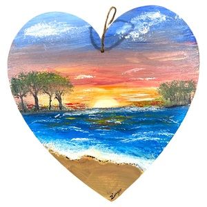 Beach sunset on a wooden heart wall hanging - I ❤️ beach!